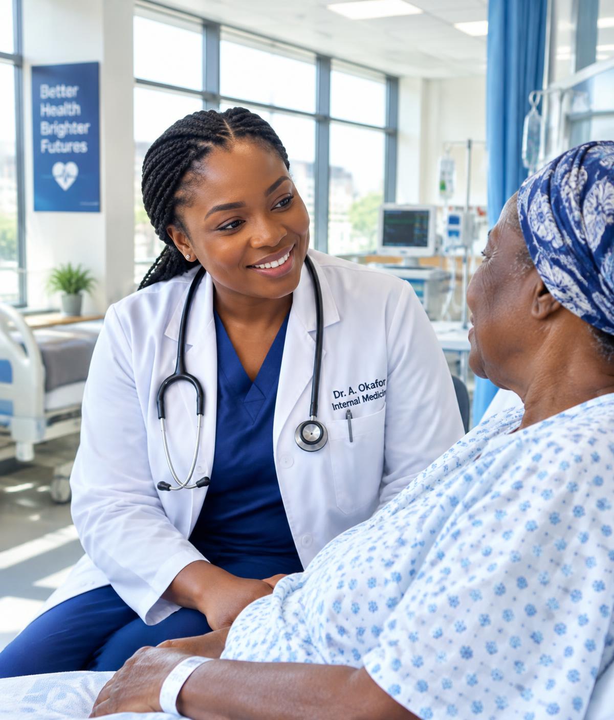 A doctor speaking with a patient on the ward