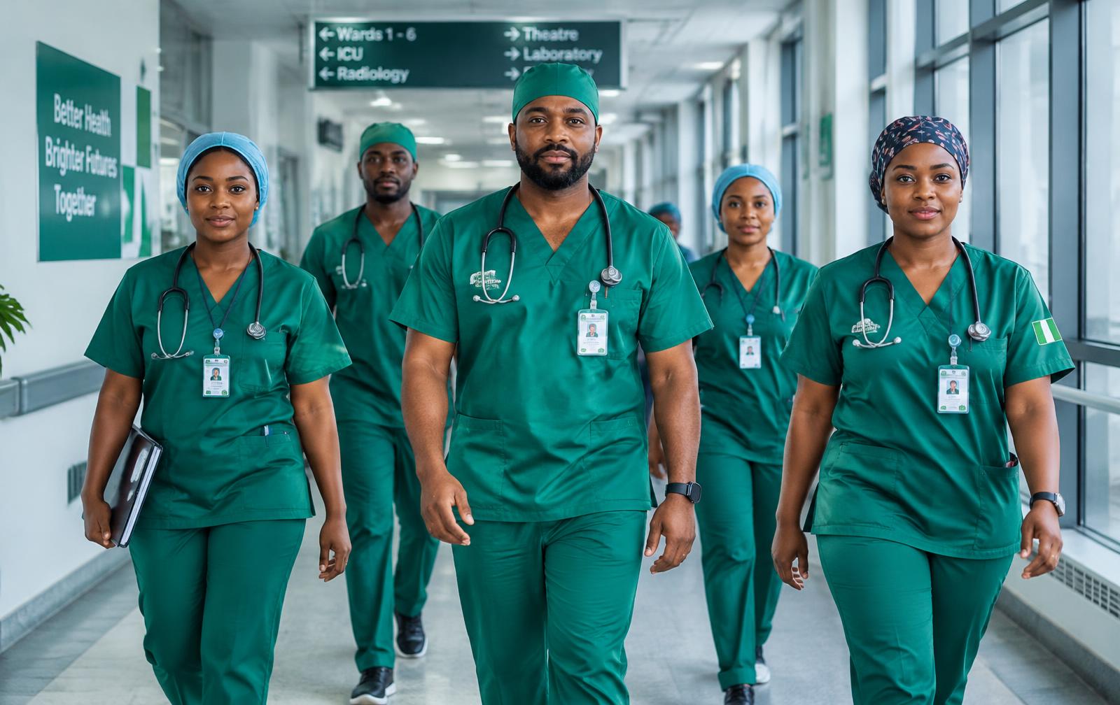 Doctors and nurses walking along a hospital corridor